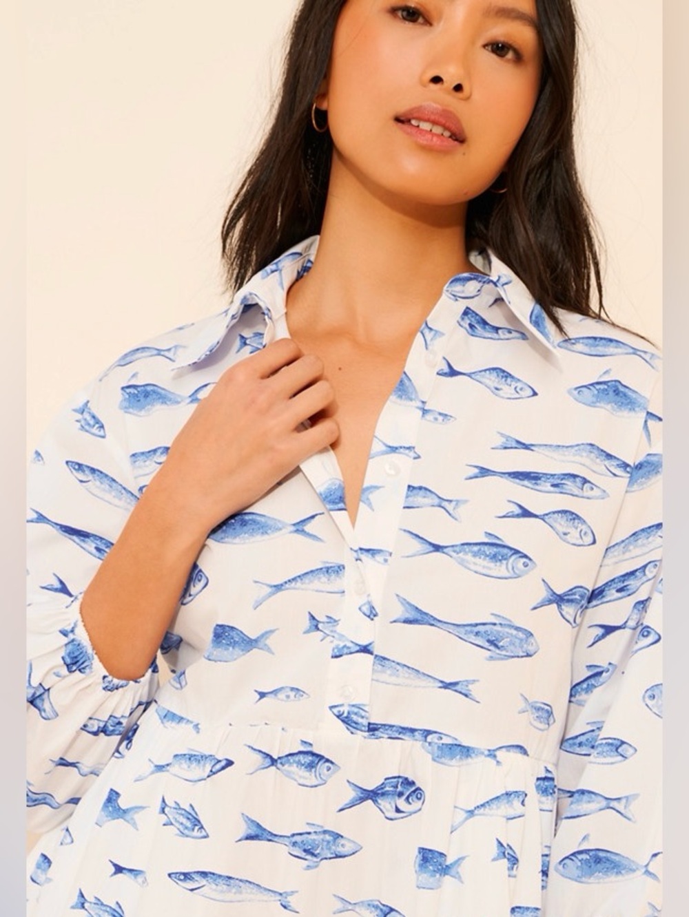 Anthropologie Maeve The Bettina Tiered Shirt Dress Fish print Size L - Picture 7 of 14